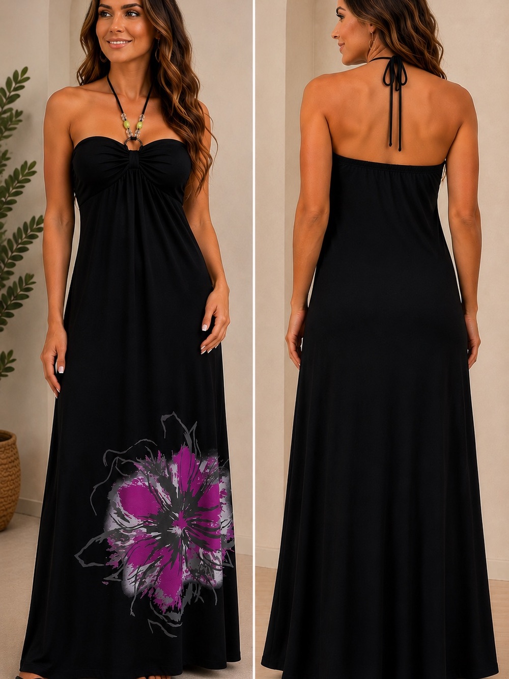 Derek Heart Black Purple Floral Halter Maxi Dress Padded Bust Size M